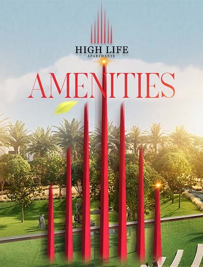 Green background with trees and blue sky. High Life Amenities with red bars logo written in middle.