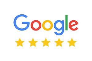 A picture of google logo and 5 yellow stars under it with white background