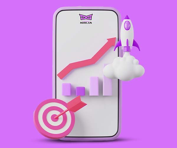 Pink background with a mobile and rocket and a bullseye with an arrow in middle.