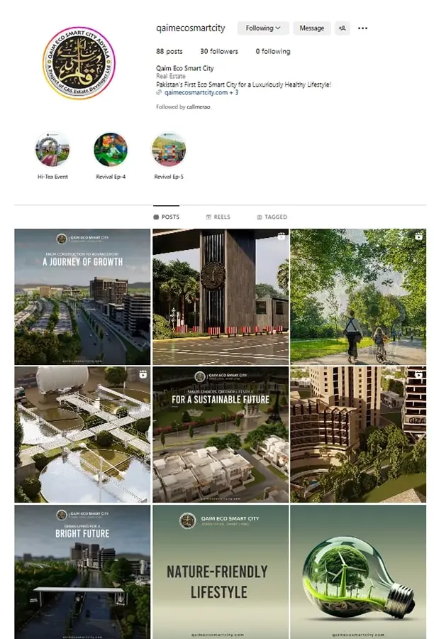 an instagram profile of qaim eco smart city with grids